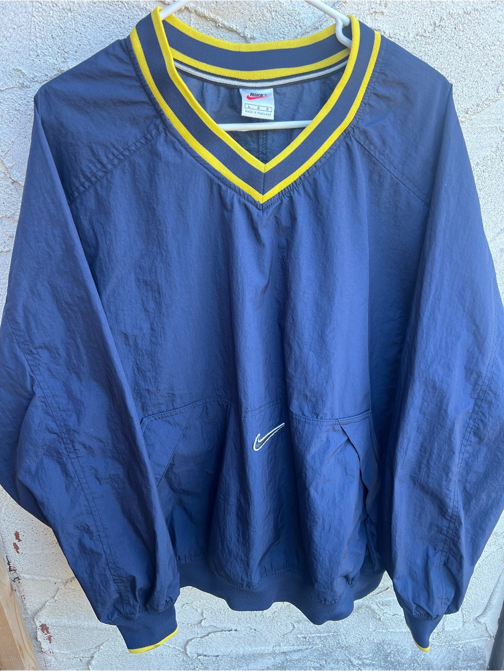 90s Men’s Nike Navy Pullover Center Swoosh Jacket with Yellow Trim